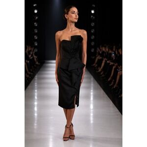 Bariano Australia Black Strapless Architectural Ruffle Midi Cocktail Dress M